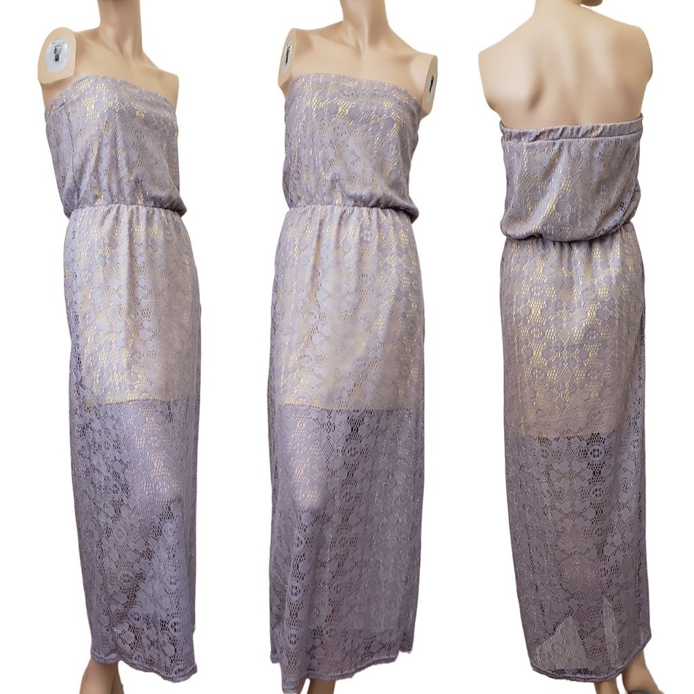 Velvet Torch Laced Strapless Bandeau Dress SZ M Gray Yellow